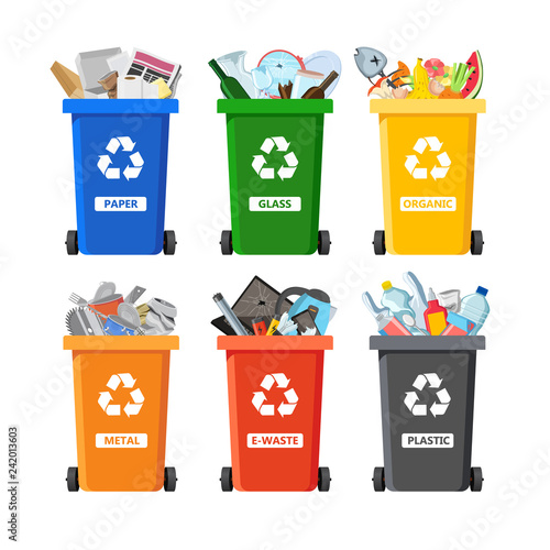 Rubbish bins for recycling different types of waste. Garbage containers for trash sorted by plastic, organic, e-waste, metal, glass, paper. Vector illustration