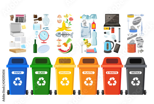 Rubbish bins for recycling different types of waste. Garbage containers for trash sorted by plastic, organic, e-waste, metal, glass, paper. Vector illustration