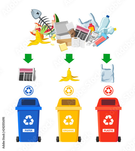 Rubbish bins for recycling different types of waste. Garbage containers for trash sorted by plastic, organic, e-waste, metal, glass, paper. Vector illustration