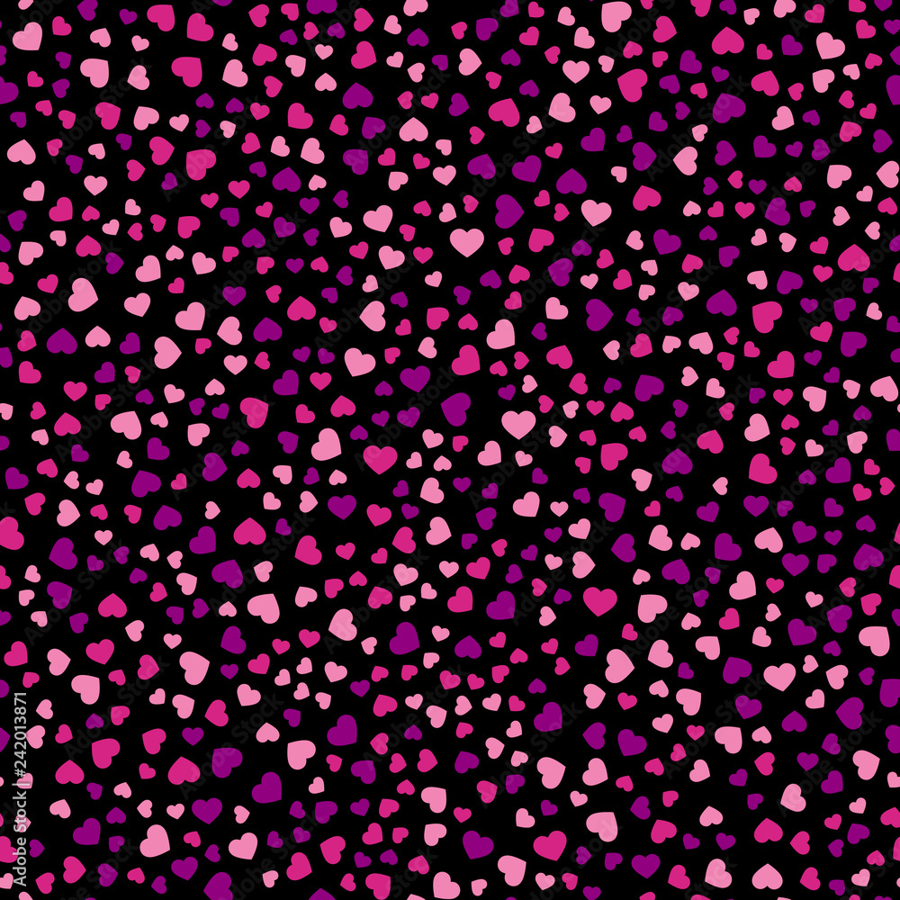 Seamless pattern with pink hearts on black background. Vector