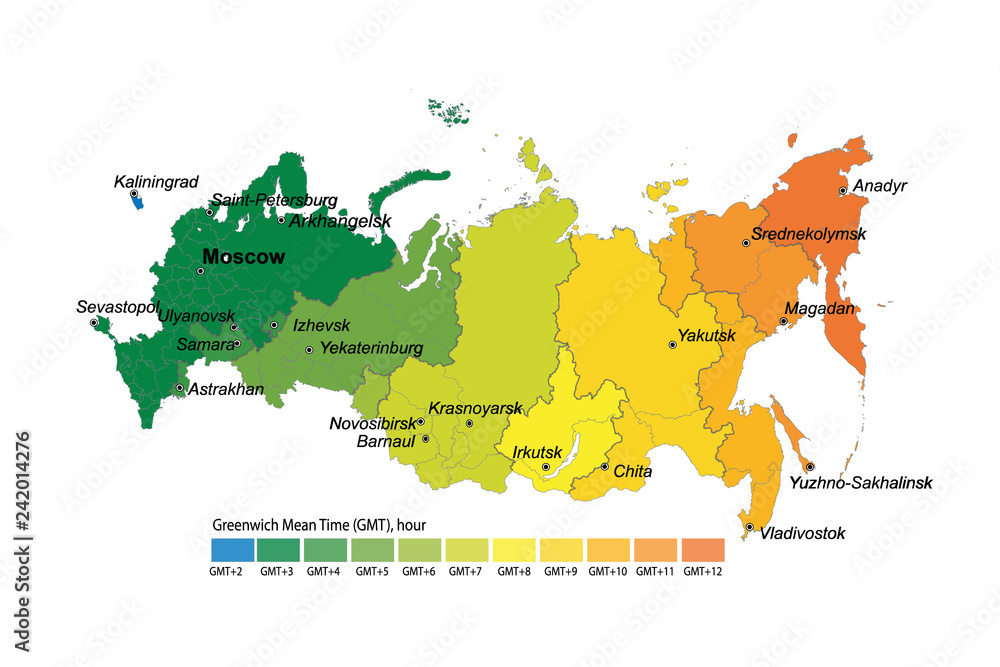 Map of time zones by Russia. GMT.UTC