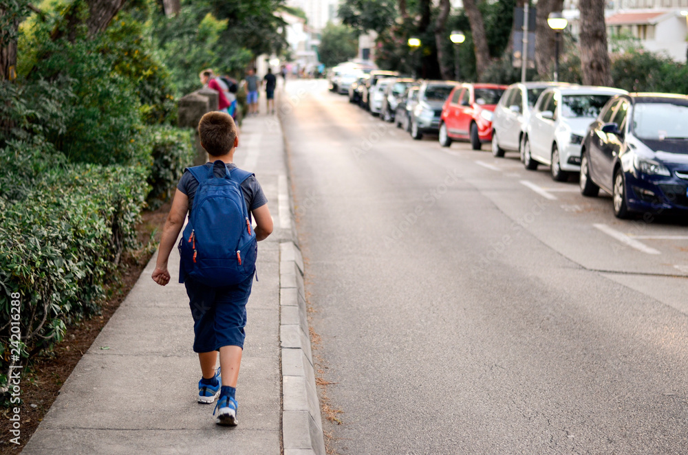 A boy walking down the street.