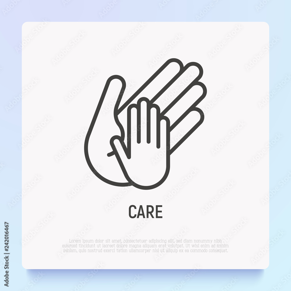 Hand of adult holds child's hand thin line icon. Modern vector illustration, care sign. Hand of adult holds child's hand thin line icon. Modern vector illustration, care sign.