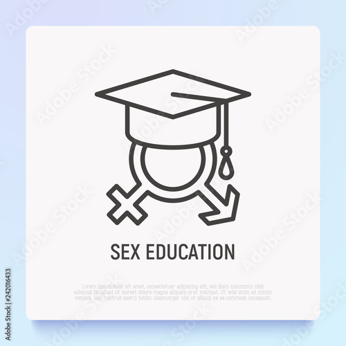 Sex education thin line icon. Gender symbols in graduation cap. Modern vector illustration.