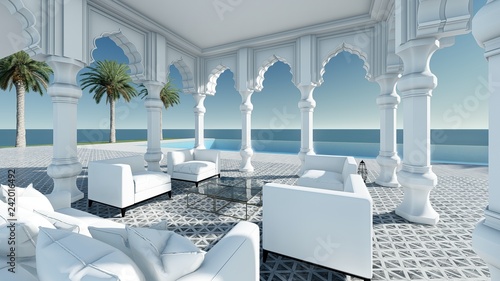 Canvas Print Arabian pavilion sea view 3D render  with relax furniture