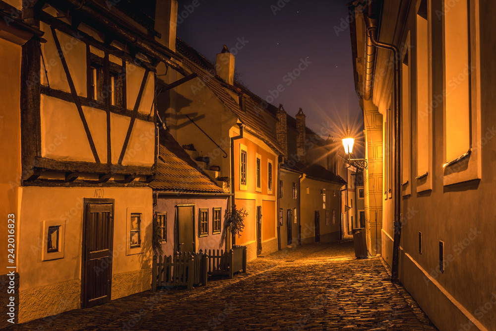 The Golden street at Prague at night.