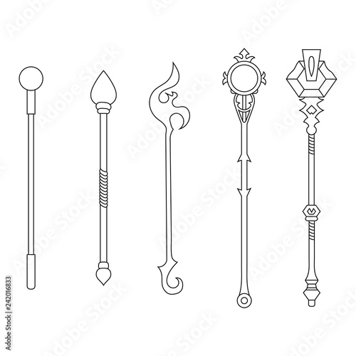 Set of Staff Icons isolated on white background. Magic Weapon. Vector Illustration for Your Design, Game, Card, Web.