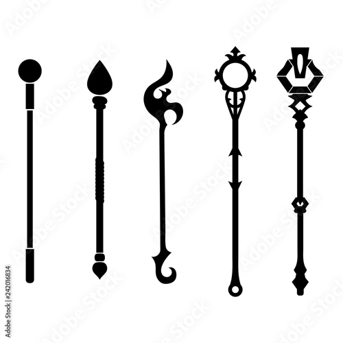 Set of Staff Icons isolated on white background. Magic Weapon. Vector Illustration for Your Design, Game, Card, Web.