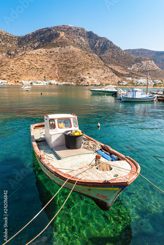 Fishing boat in the port of Kamares. Sifnos island, Greece