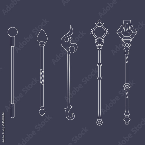 Set of Staff Icons isolated on grey background. Magic Weapon. Vector Illustration for Your Design, Game, Card, Web.