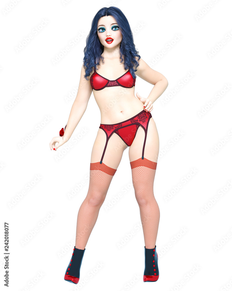 3D sexy burlesque girl doll big blue eyes bright makeup.Woman cabaret retro style red bikini garter fishnet stockings.Conceptual fashion art.Seductive candid pose.Realistic render illustration. 3D sexy burlesque girl doll big blue eyes bright makeup.Woman cabaret retro style red bikini garter fishnet stockings.Conceptual fashion art.Seductive candid pose.Realistic render illustration.