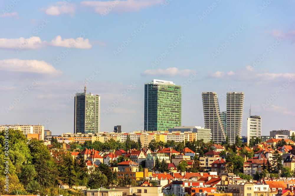 Prague skyline with skyscrapers and oild buildings