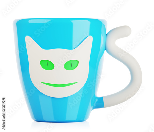 blue coffee cup with cat ornament, isolated 3d illustration