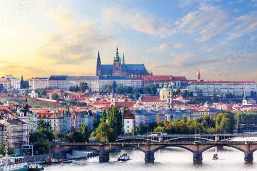 Prague city view with Manes bridge and Lesser Town with Prague c