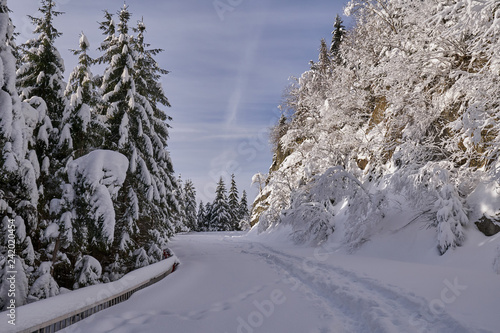 Mountain road transformed in hiking trail in the winter