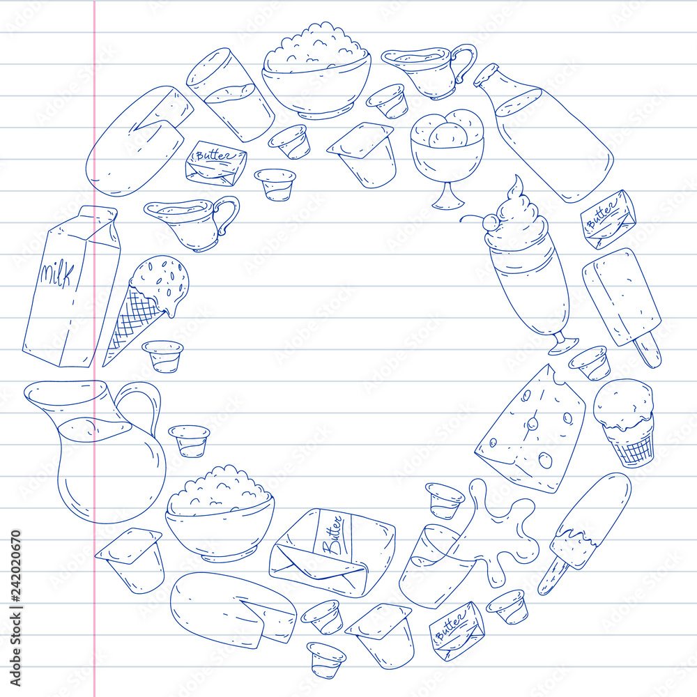 Dairy products. Doodle icons. Diet, breakfast. Milk, yogurt, cheese, ice cream, butter. Eat fresh healthy food and be happy. Dairy products. Doodle icons. Diet, breakfast. Milk, yogurt, cheese, ice cream, butter. Eat fresh healthy food and be happy.