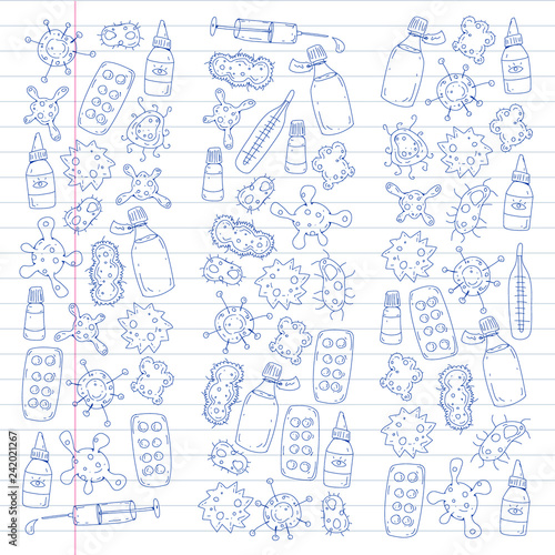 Cough  pills  influenza  flu  sickness. Vector pattern with doodle icons. Healthcare and medicine.