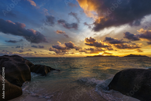 sunset at paradise beach,anse source d'argent,la digue,seychelles 3