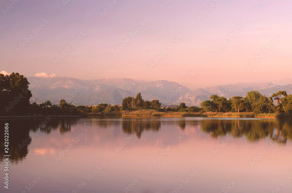 Naklejka premium Sunset at the lake. Pink sky. Warm summer