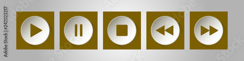 gold, white square music control buttons set