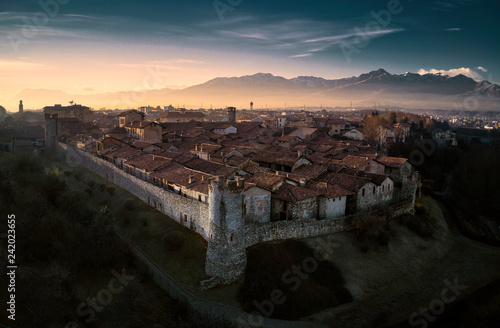 Obraz na plátně Aerial view of Ricetto of Candelo, Biella, Italy, at golden hour beautiful lands