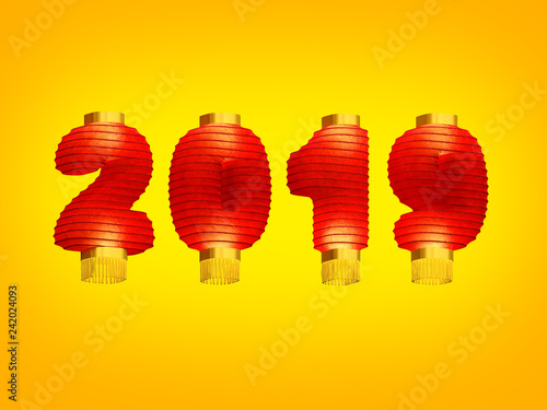 2019 Chinese New Year. Flying traditional red lighting Chinese lanterns (paper lamps) in the shape of numerals of incoming New Year date on yellow background with light effect