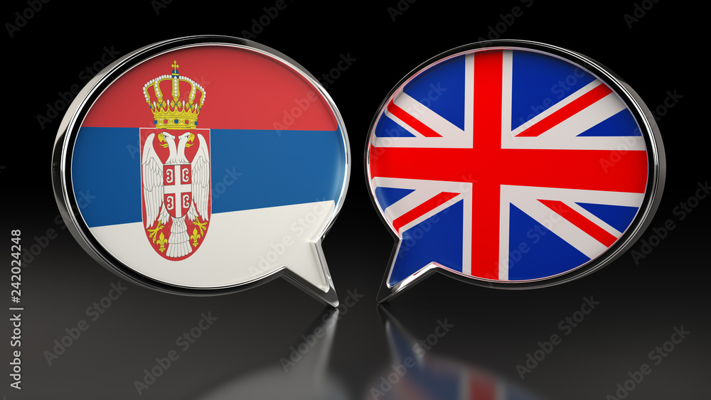 Fototapeta premium Serbia and United Kingdom flags with Speech Bubbles. 3D illustration