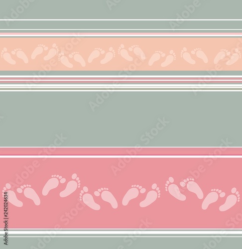 Abstract horizontal striped seamless pattern with scattered feet decor. Pastel colored background. Wrapping paper. Retro pattern