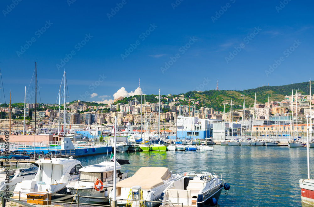 Port Porto Antico harbor with luxury white yachts in historical centre of old european city Genoa Genova with blue sky in clear summer day and green hill with buildings background, Liguria, Italy