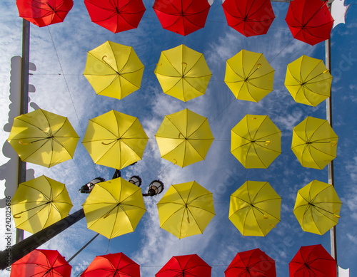 Christmas time in Torrox Spain with colorful umbrellas - feliz navidad