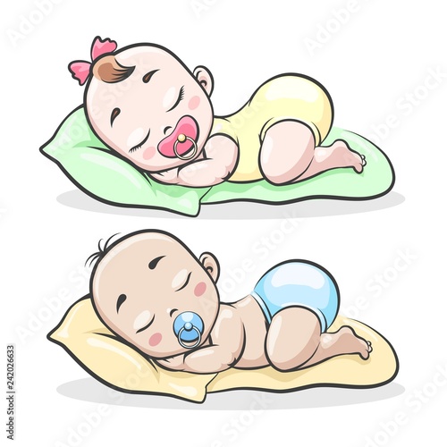 Cartoon sleeping baby. Boy and girl newborns vector illustration, cute toddlers isolated on white background
