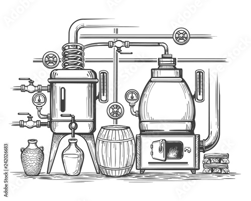 Distillery sketch. Retro stillness gin or whiskey alcohol distillation making equipment, whisky moonshine engraving alembic, vector illustraion