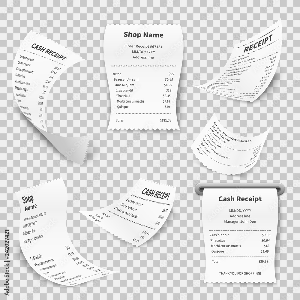 realistic receipt cash register sales shopping receipts print paper supermarket check payment invoice register set stock vector adobe stock