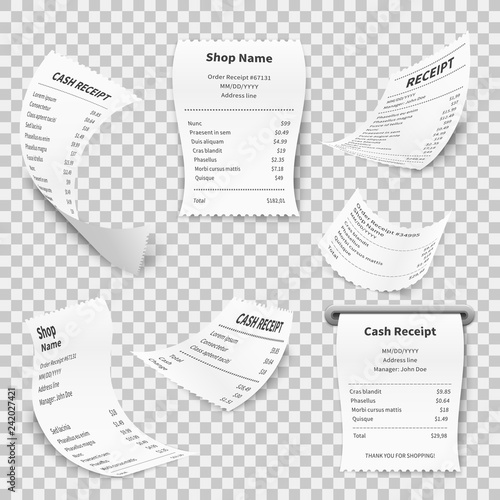 Realistic receipt. Cash register sales shopping receipts print paper supermarket check, payment invoice register set