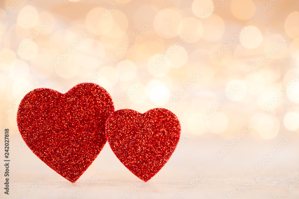 Fototapeta premium Red heart bokeh background, valentine day greeting card.