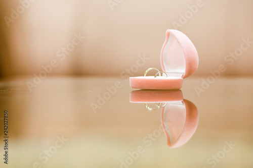 Wedding rings in a pink jewelry box on the mirror surface