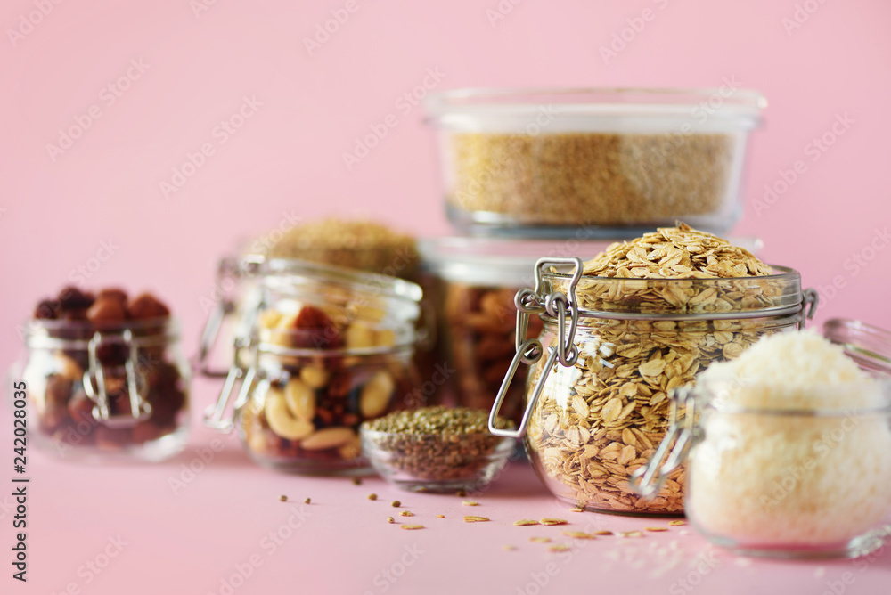 Εκτύπωση καμβά Vegan health food over pink background with copy space
