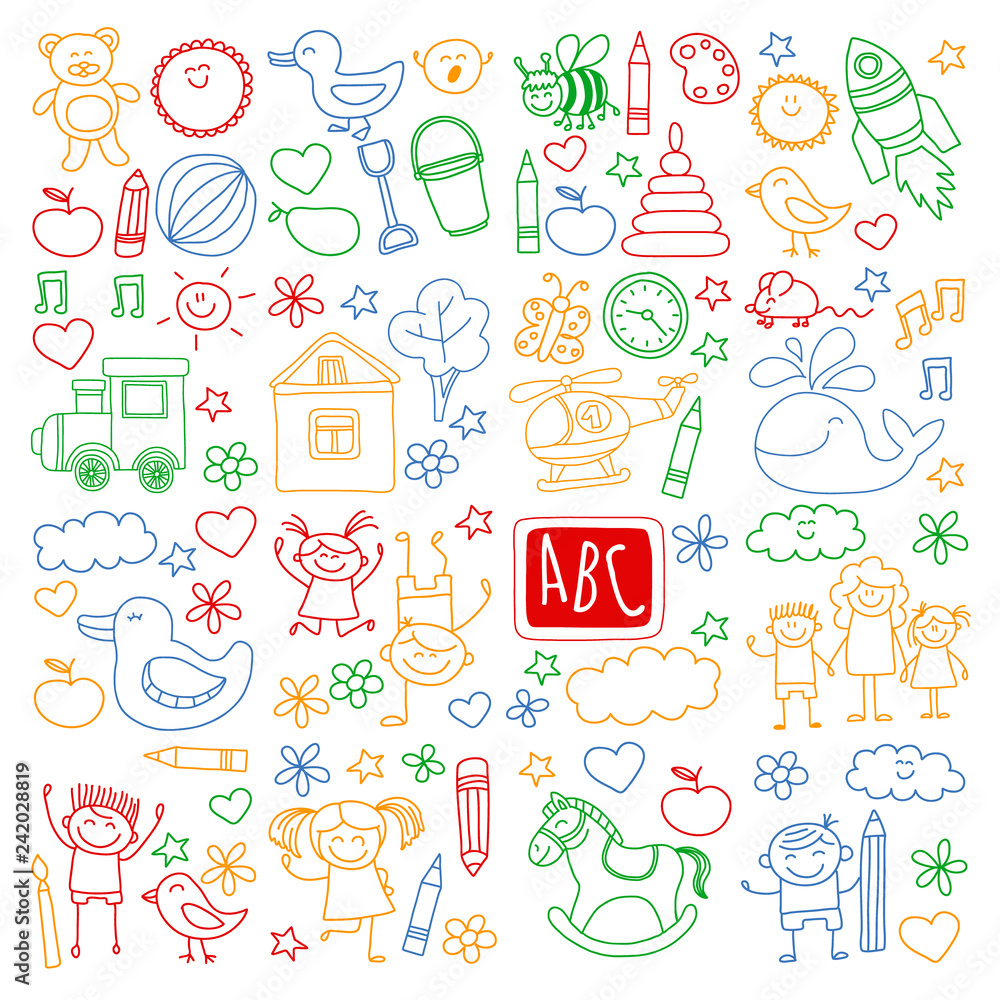 Vector doodle set with kindergarten children. Small kids play, learn, having fun together