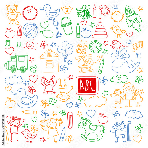 Vector doodle set with kindergarten children. Small kids play, learn, having fun together