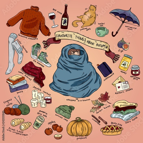 Colorful hand drawn doodle stickers with lettering cartoon set of autumn objects and symbols