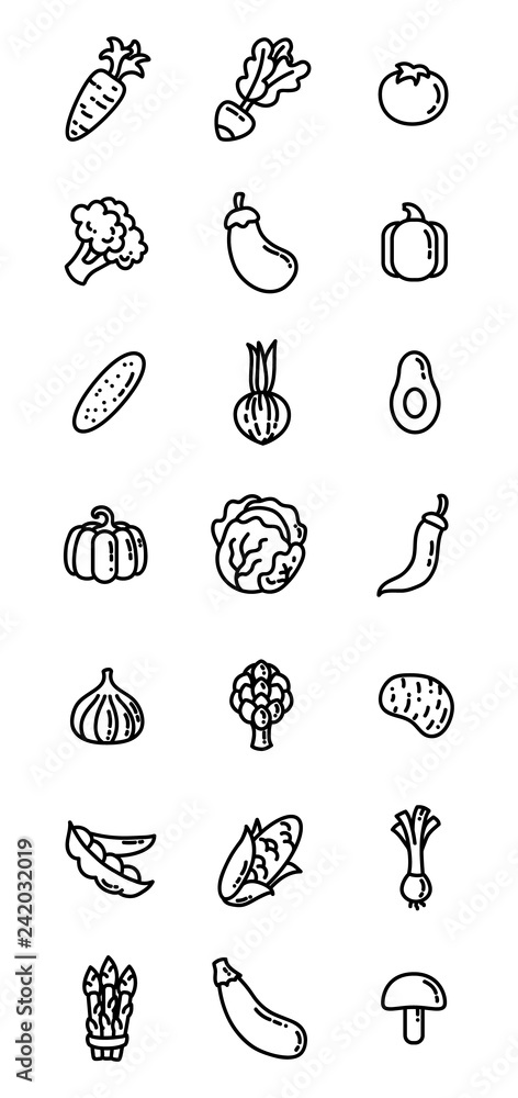 Thin line flat food icons. Vegetables isolated web clip art Thin line flat food icons. Vegetables isolated web clip art