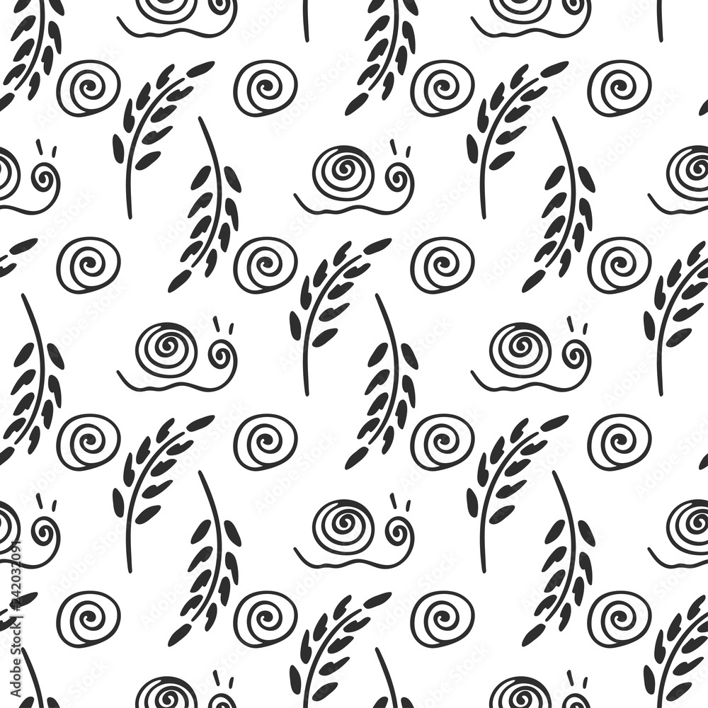 Fototapeta premium Wildflowers, spikelet, snail rural vector seamless pattern. Simplified retro illustration. Wrapping, scrapbook paper background.Childish cartoon doodle art. Element design, wallpaper, fabric printing.