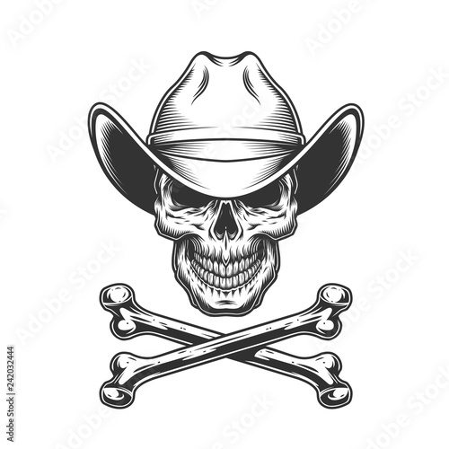 Vintage monochrome cowboy skull and crossbones
