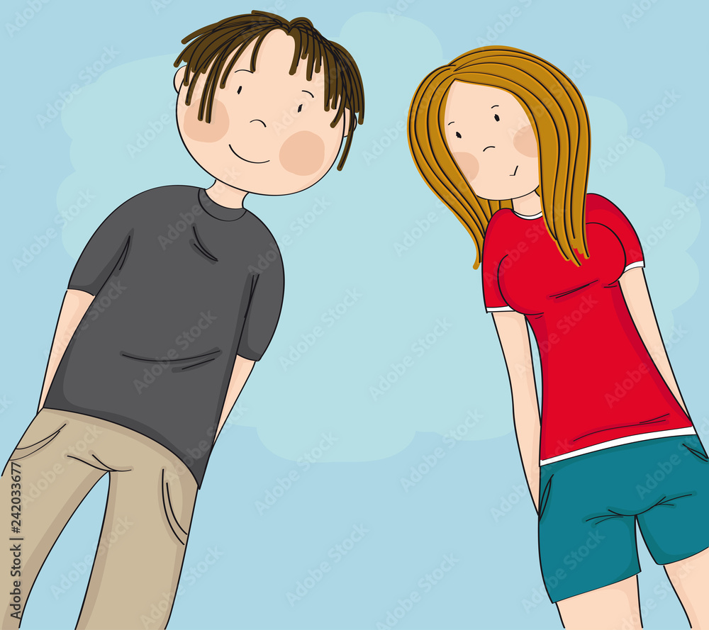 Two happy teenagers, boy and girl looking down at the camera and smiling, blue sky behind them - original hand drawn illustration Two happy teenagers, boy and girl looking down at the camera and smiling, blue sky behind them - original hand drawn illustration