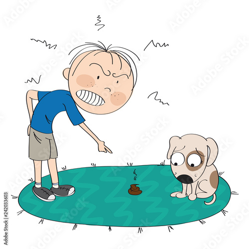 Boy or a man angry with his dog, pointing his finger at the poop on the carpet, puppy is looking sorry for his bad behavior  - original hand drawn illustration