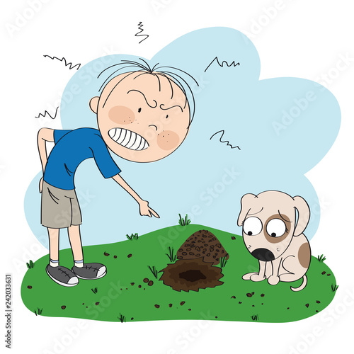 Boy or a man angry with his dog, pointing his finger at the digged hole in the lawn in his garden, puppy is looking sorry for his bad behavior  - original hand drawn illustration