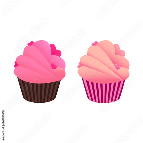 Valentine cupcakes with hearts isolated on white background. Love concept. Vector illustration