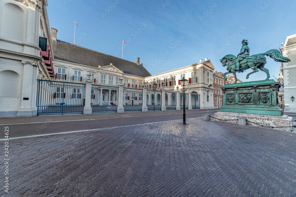 One of the official working place for the Dutch King, Willem-Alexander of Orange in The Hague with the statue Willem van Oranje, the leader of the revolt against Spain