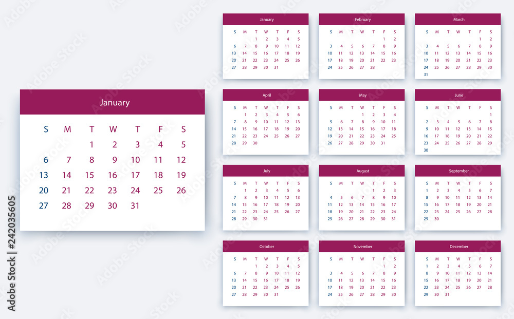 simple calendar 2019 yesr, Stock vector design eps10. simple calendar 2019 yesr, Stock vector design eps10.