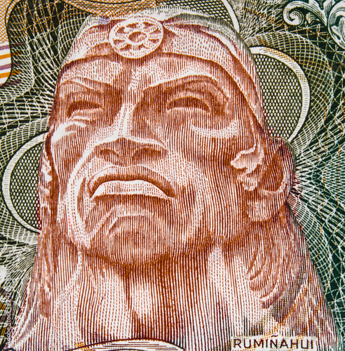 Ruminahui portrait on Ecuador 1000 sucre banknote close up. Inca warrior, leader the resistance against the Spanish in the Inca Empire after the death of Emperor Atahualpa.. photo